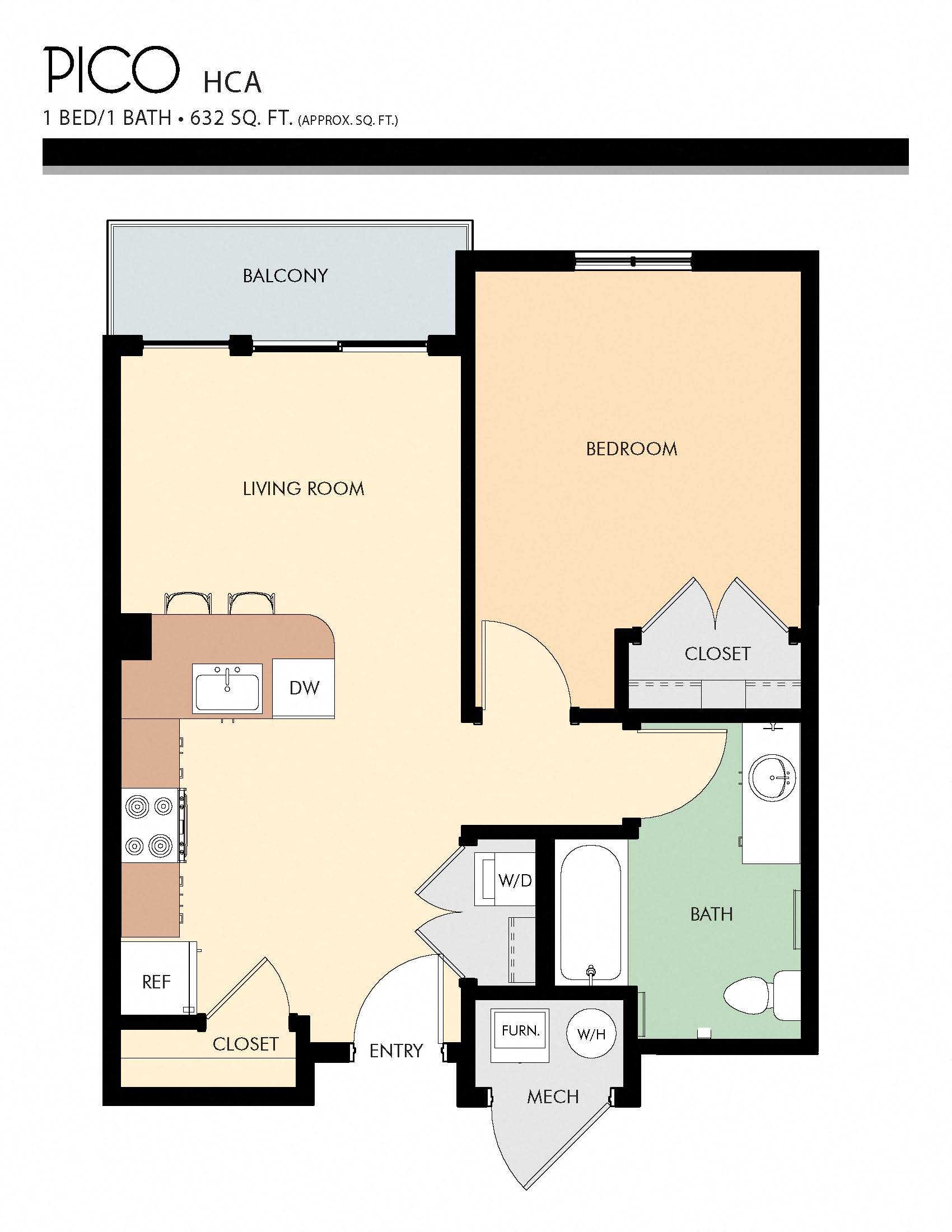 Floor plan for 1 bed, 1 bath, 632 sqft